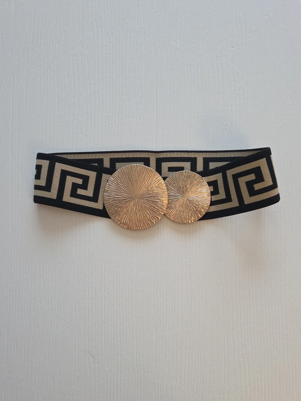 Stretchy Waist Beige And Black Belt With Gold Buckle